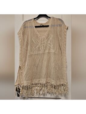One World Beige Knit Poncho with Fringe Size 2XL